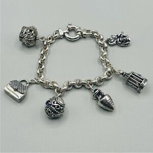 MILOR Italy Rolo Sterling Silver Charm Bracelet with KBN 925 Charms 7.5” Vintage
